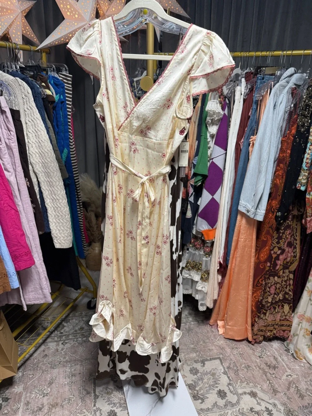 Free People Cream Midi Dress with Pink Floral Lace
